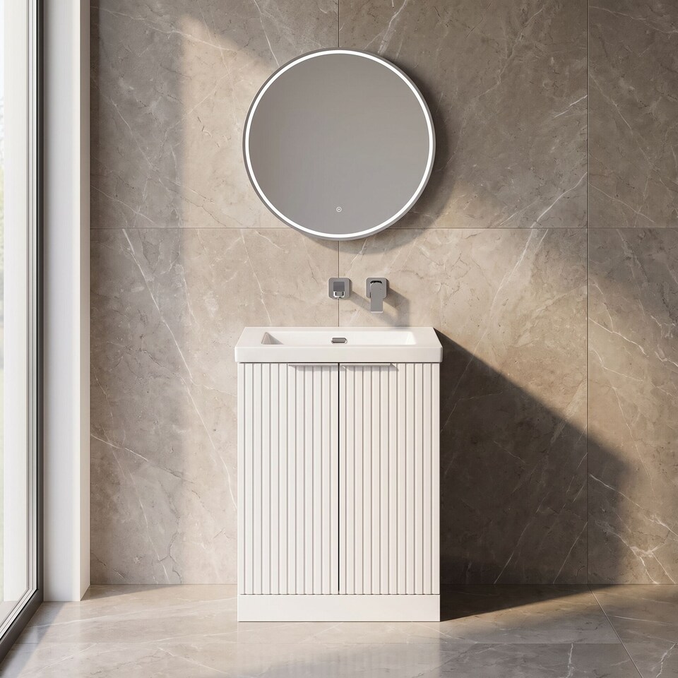 image 1 of Balterley Callingwood Contemporary Floor Standing 2 Door Vanity Unit with 0 Tap Hole Fireclay Basin , 600mm, Matt White