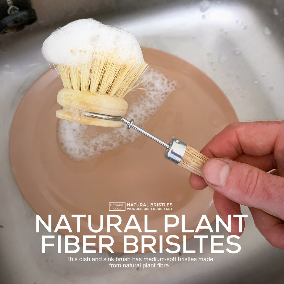 image 1 of Wooden Dish Brush Set with Natural Bristles and Replacement Heads