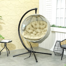 Outsunny Hanging Egg Chair Outdoor Indoor Garden Swing Chair with Folding Basket, Thickened Cushion, Cup Holder for Patio, Balcony, Khaki | Brown | Khaki