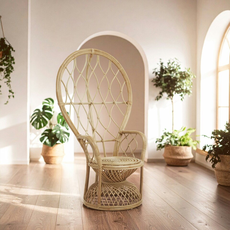 image 1 of Interiors by Premier Brown Natural High Back Rattan Peakcock Chair, Rattan Arm Chair, Rattan Patio Chair for Home, Garden