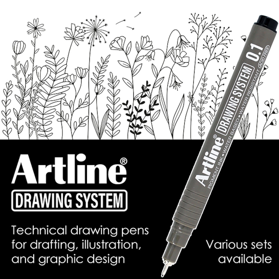 image 1 of Artline Drawing System Black Fine Tip Pens 4  Pack ( 0.05mm, 0.1mm, 0.3mm and 0.5mm Nib)