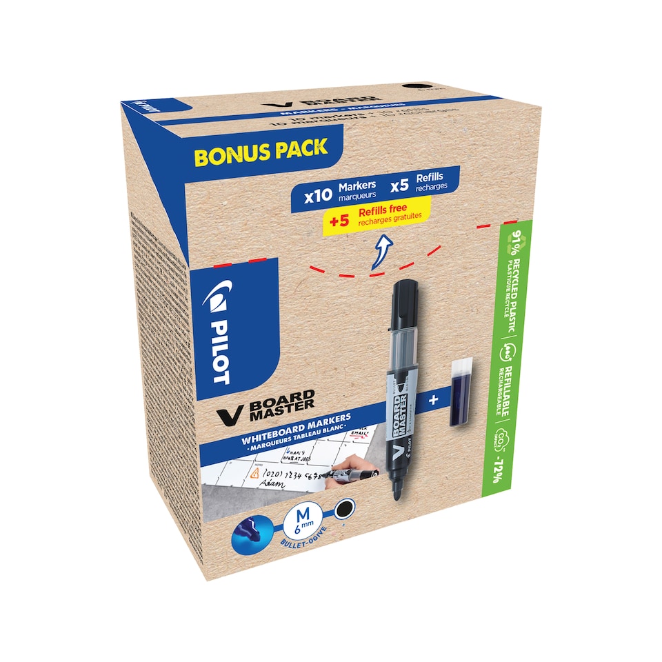 image 1 of Pilot V-Board Master Drywipe 10 Markers + 10 Refills Bullet Tip Black (Pack of 20) WLT556275