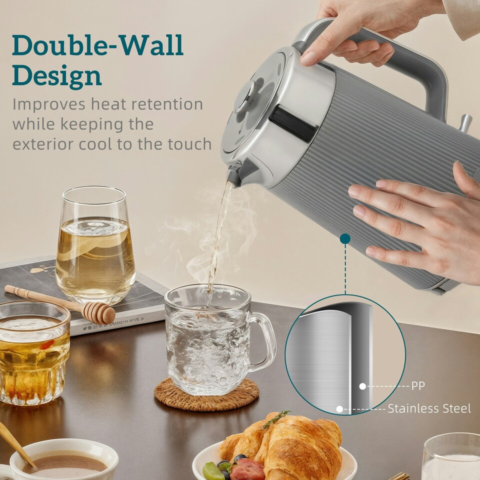 image 1 of HOMCOM 1.7L 3000W Rapid Boil Kettle and 4 Slice Toaster Set Crumb Tray Grey