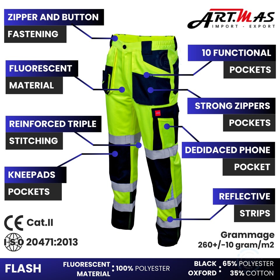 image 1 of Artmas Flash Class 2 Yellow Work Trousers, Reflective Tape, Knee Pad Pockets, 260gsm (28/30 Inch - 46 EU)