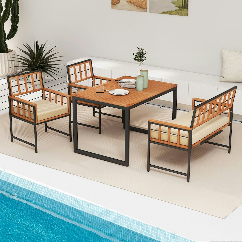 image 1 of COSTWAY 4 Pieces Acacia Wood Patio Dining Set