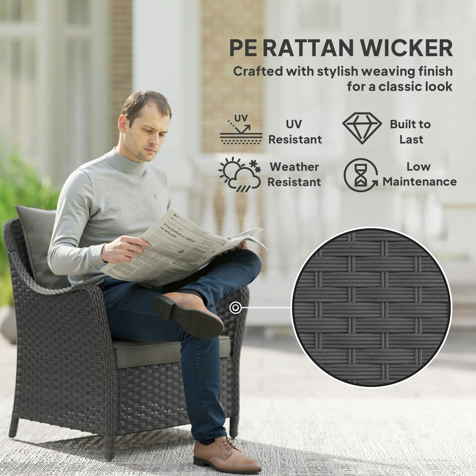image 1 of Outsunny 2 Pieces Rattan Garden Chairs, Cushioned Rattan Chairs Grey | Dark Grey