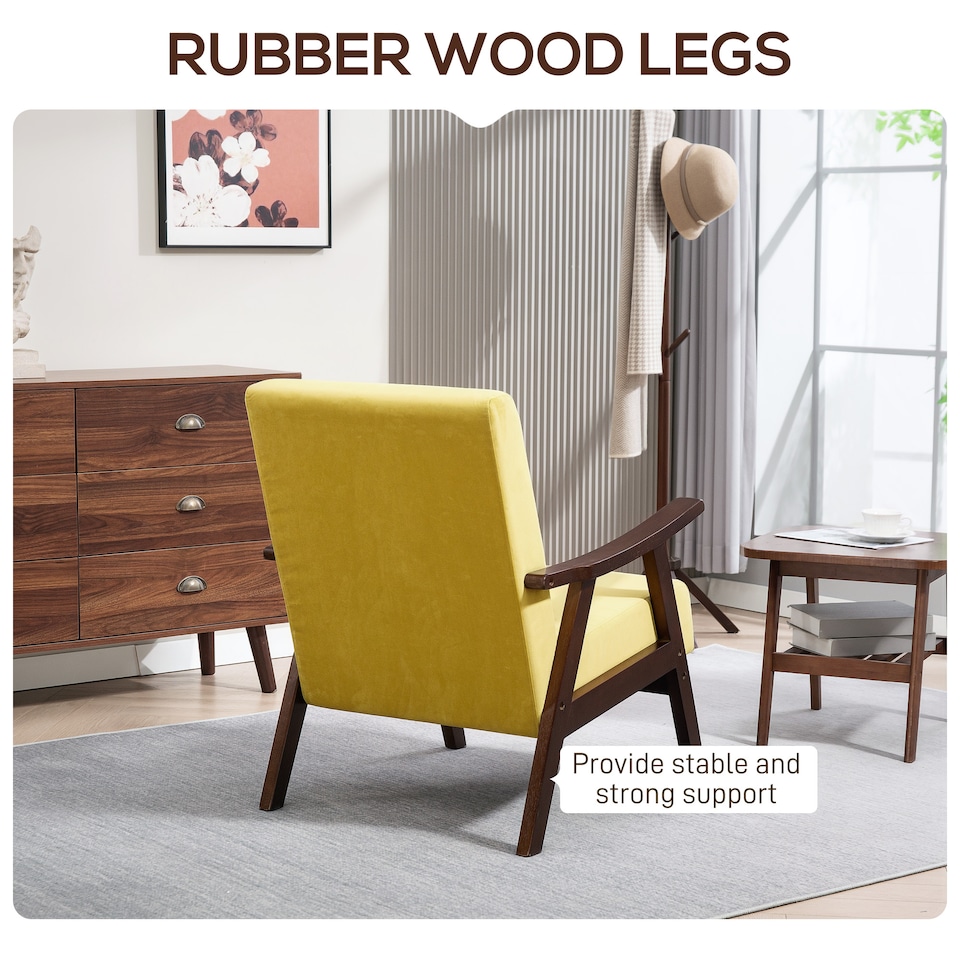 image 1 of HOMCOM Nordic Accent Chair, Upholstered Velvet Armchair with Solid Wood Frame and Soft Thick Padded for Living Room, Bedroom, Champagne | Yellow | Yellow