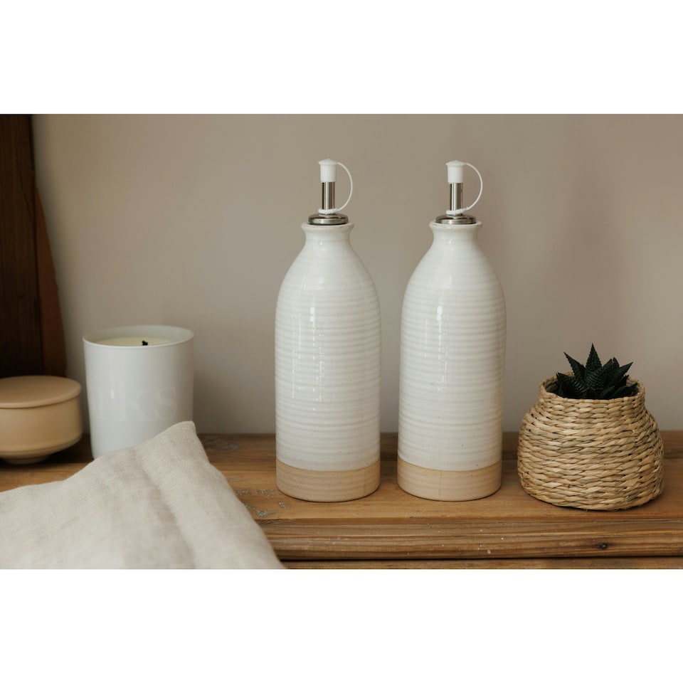 image 1 of KitchenCraft Oil Vinegar Bottles Cream Stoneware 450ml Set of 2