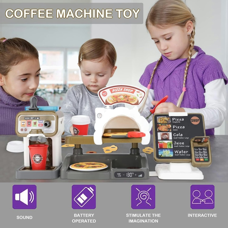 image 1 of Pretend Play Coffee Shop & Pizza Café Set – 30-Piece Kids’ Coffee Maker Playset with Cash Register and Food Accessories