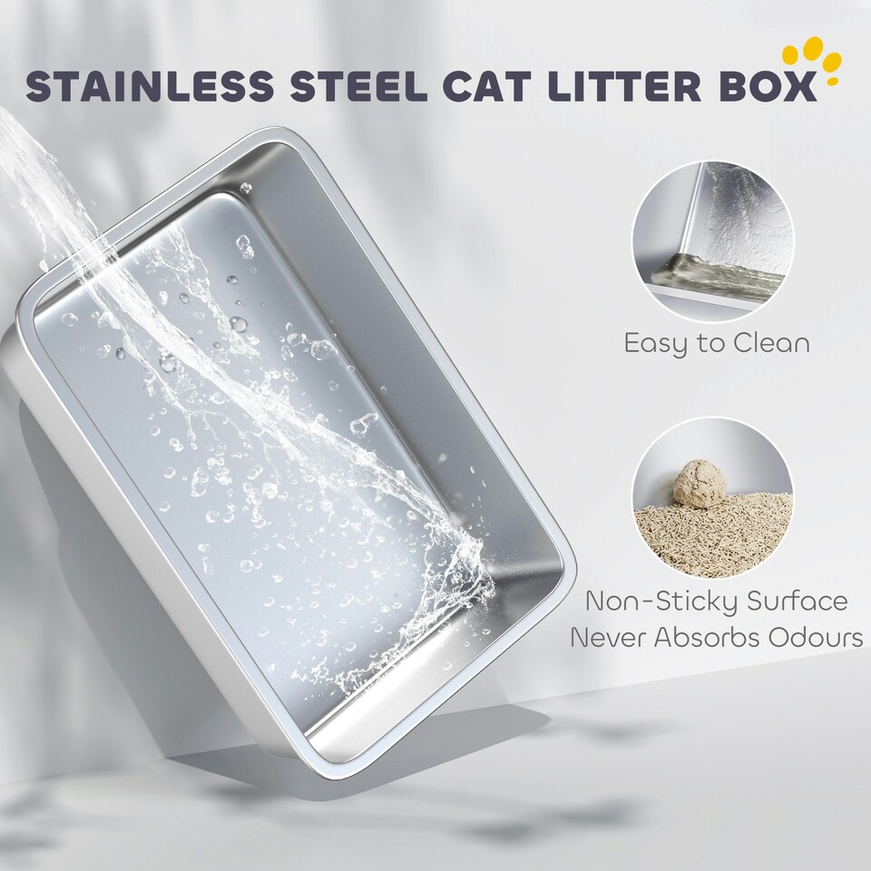 image 1 of PawHut Stainless Steel Litter Box with Scoop, High Sided Cat Litter Tray Grey | One Size
