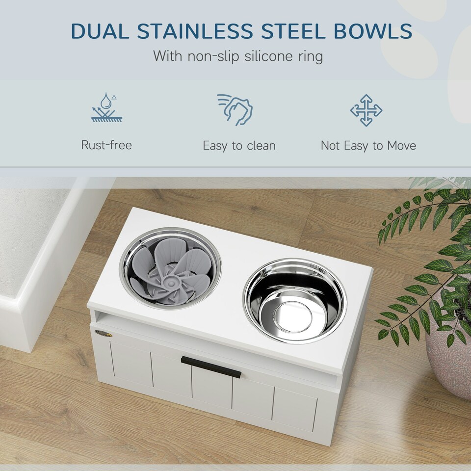 image 1 of PawHut Raised Dog Bowl, Elevated Dog Bowls with Slow Feeder Mat, White