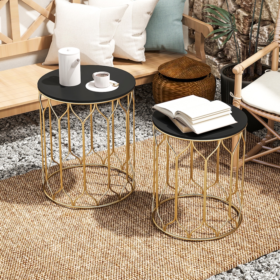 image 1 of Outsunny Round Coffee Table Set of 2, Modern Nesting Tables with Ceramic Tile Top, Small End Tables, Indoor Outdoor Side Table with Metal Frame for Living Room, Bedroom, Patio, Balcony, Black | Black | Black