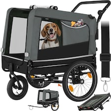 Dog Bike Trailer - multifunctional, foldable, including reflectors, leash and flag - Grey