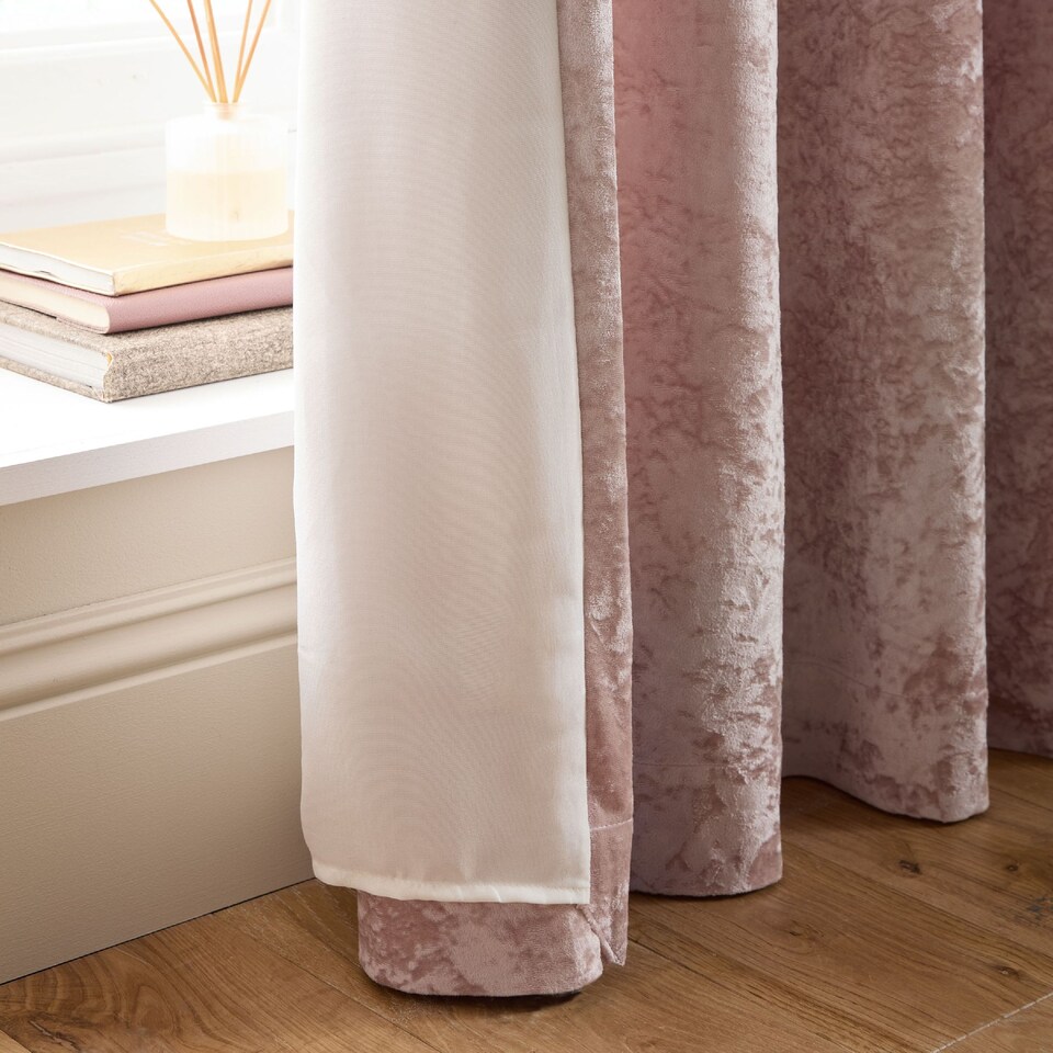 image 1 of Catherine Lansfield Crushed Velvet Lined Eyelet Curtains | Pink | Blush Pink