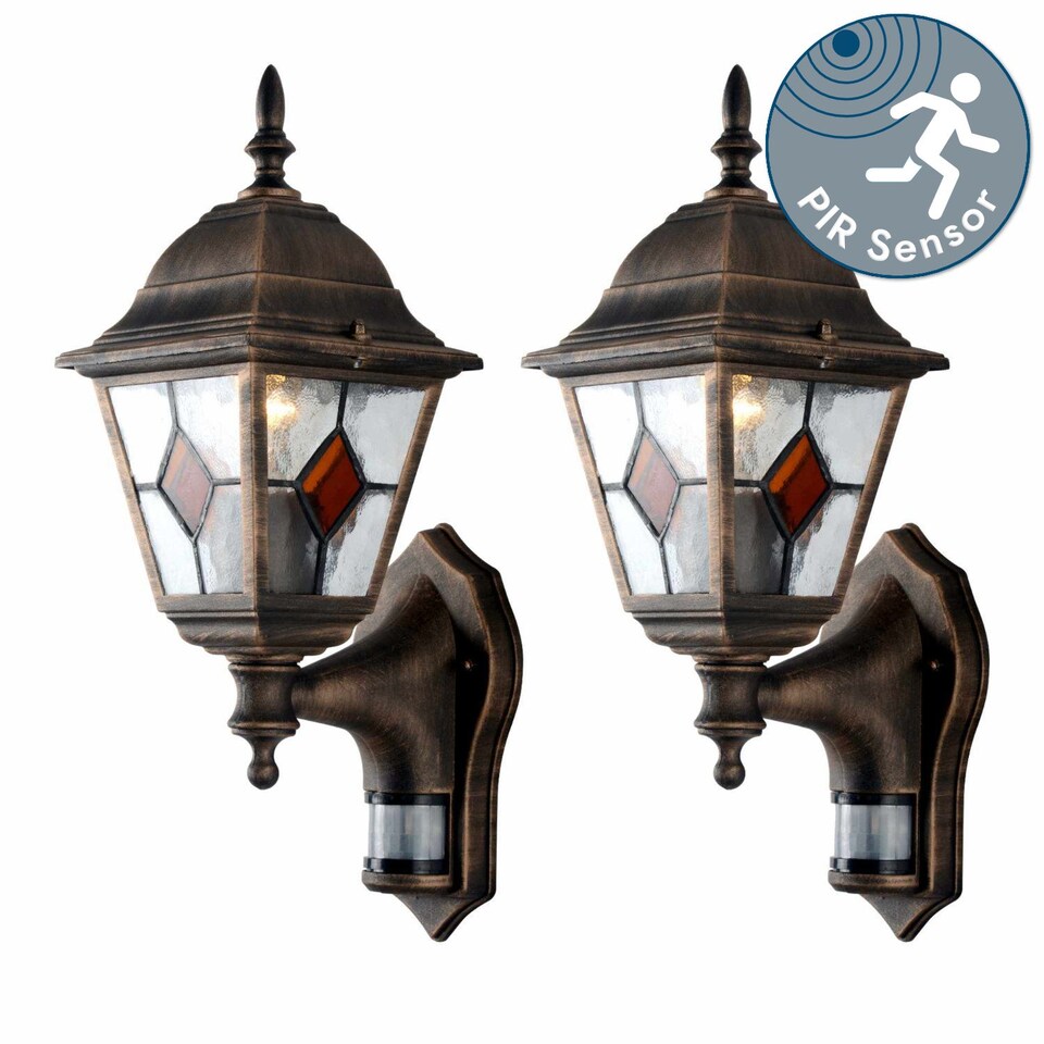 image 1 of Set of 2 Morecambe - Black with Brushed Gold Motion Sensor Outdoor Wall Lights | Black | Clear | 2