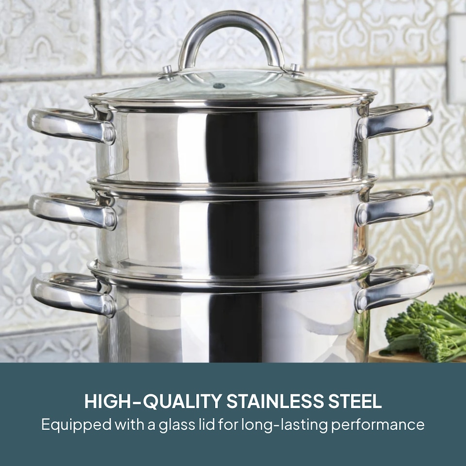 image 1 of Cooks Professional 3 Tier Stainless Steel Steamer Pan - Suitable for All Hobs | Silver | Silver | 20cm | 1