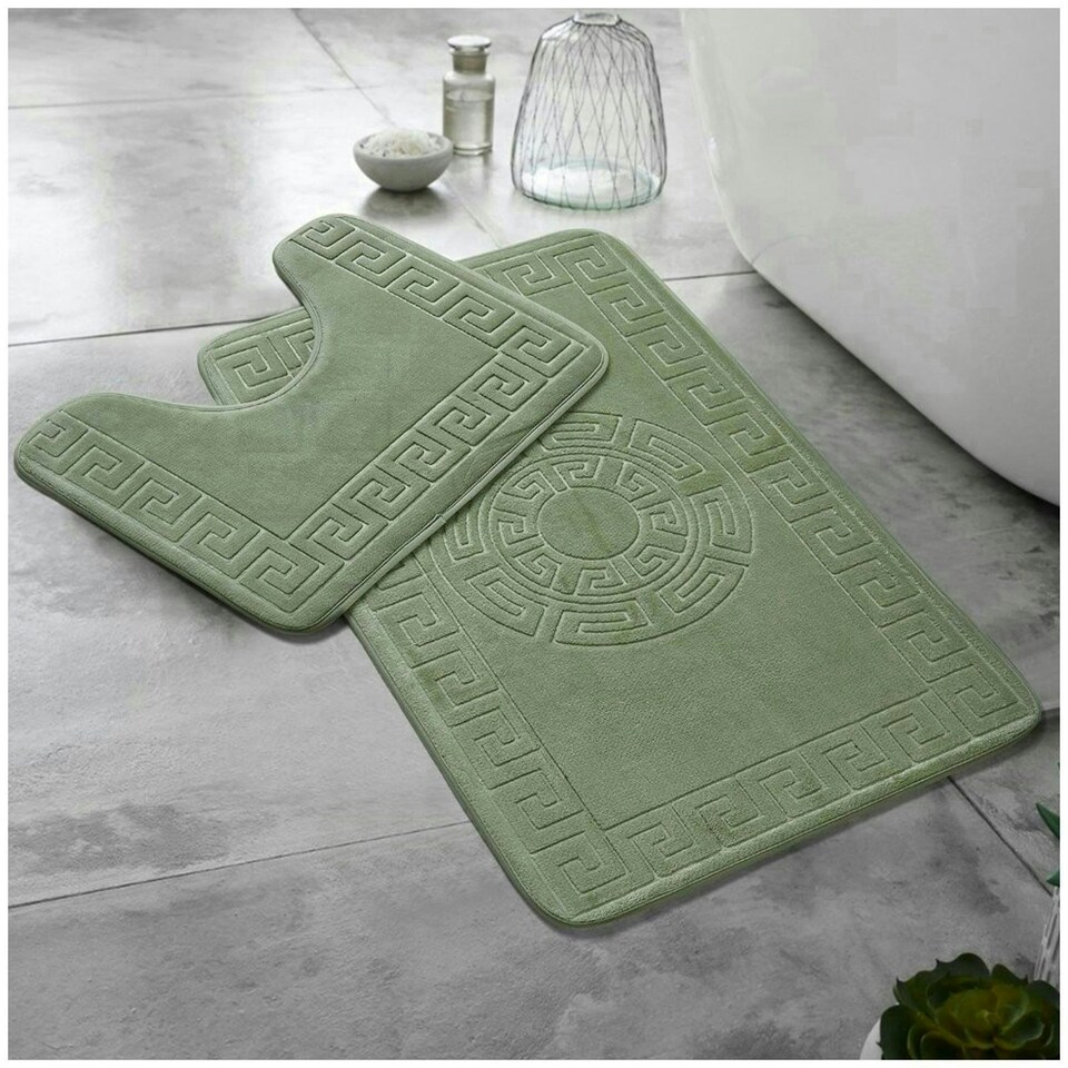 image 1 of VELVETIO Bath Mat Set Greek Pattern Anti Slip Memory Foam Toilet Rug Green | Sage Green