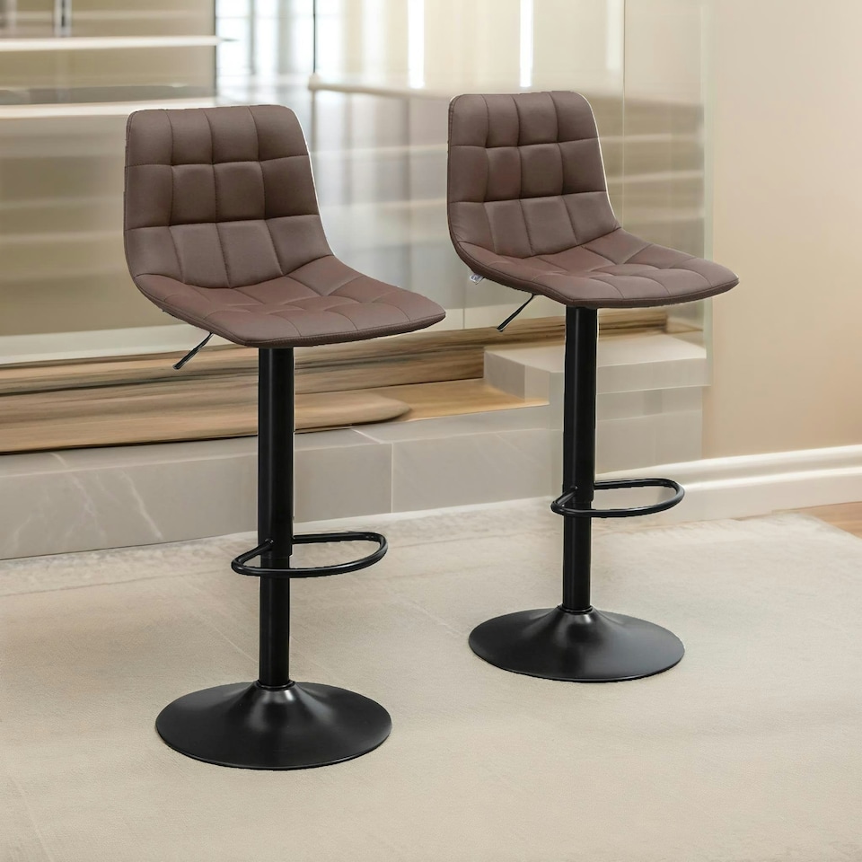 image 1 of 2PC Adjustable Height 360 Swivel Barstools Set With Shell Backrest Brown Brown