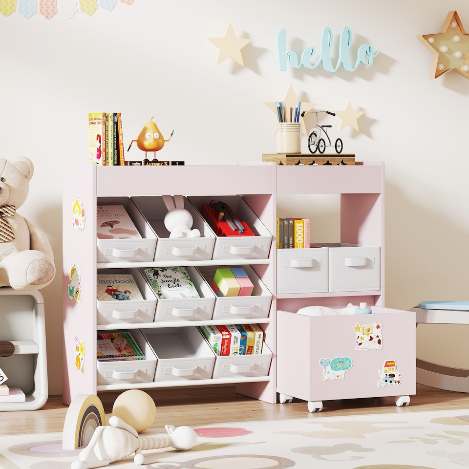 image 1 of AIYAPLAY Kids Toy Storage Unit, Children Toy Box Organiser with 11 Fabric Bins, Cabinet, Top Shelves, 3 Stickers, Kids Storage Unit Bookshelf for Nursery, Playroom, Kindergarten | Pink
