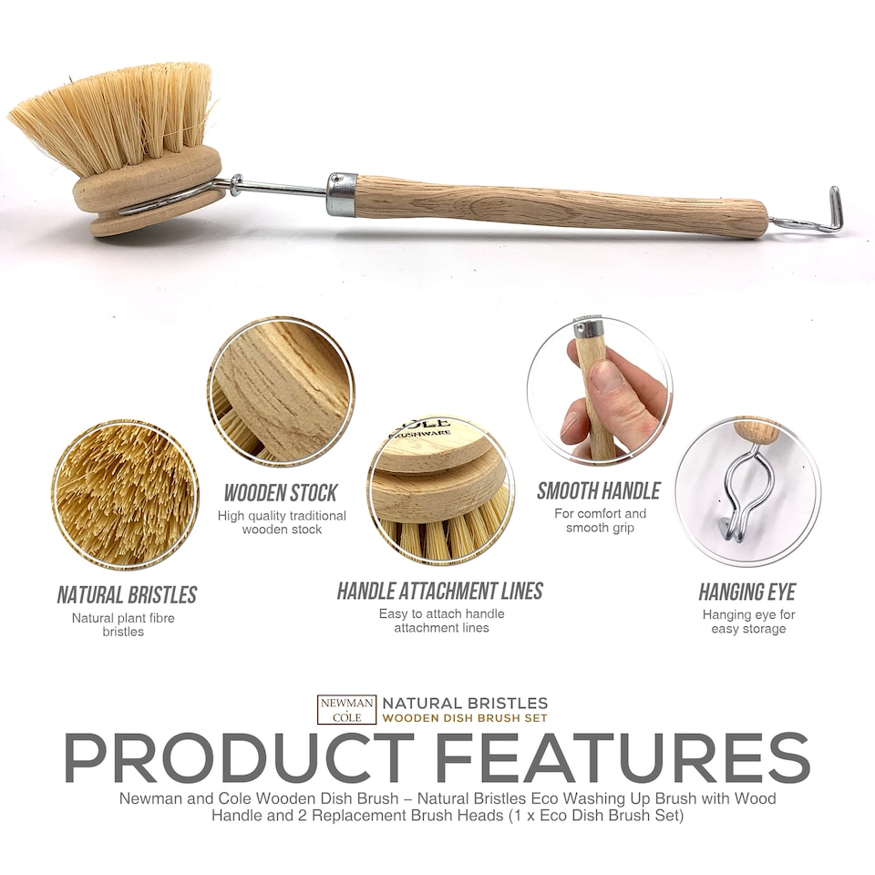 image 1 of Wooden Dish Brush Set with Natural Bristles and Replacement Heads
