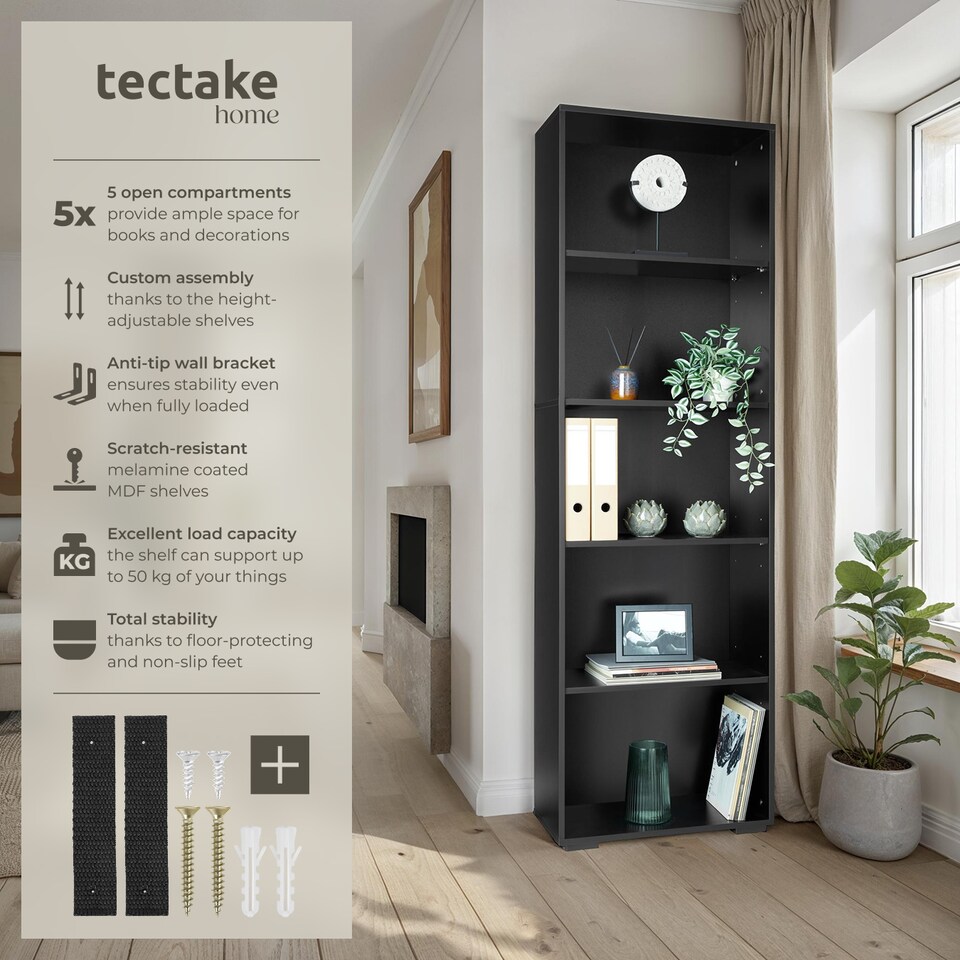 image 1 of Bookshelf Lexi - Bookcase with 5 shelves | Black | black | 60 x 30 x 190 cm | 1