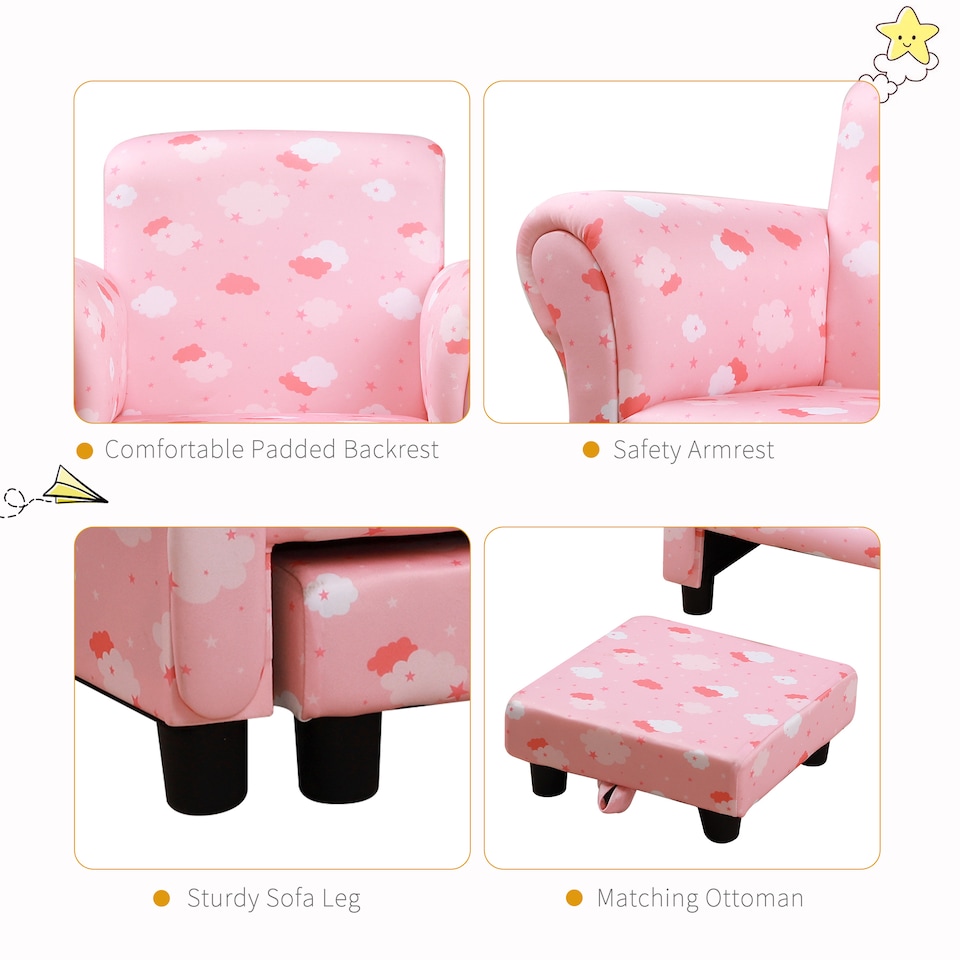 image 1 of HOMCOM Kids Armchair Children Mini Sofa Wood Frame w Footrest Cute Cloud Star | Pink | One Size