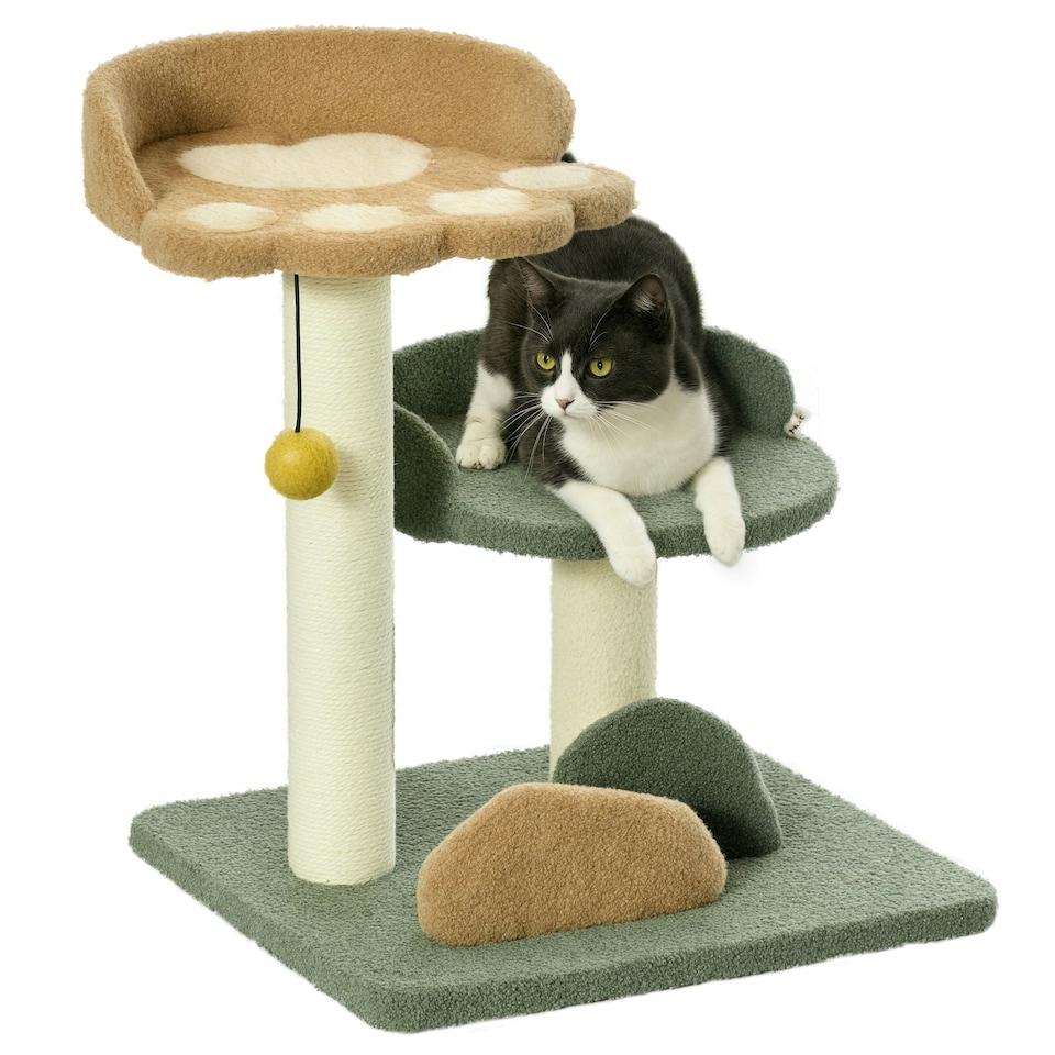 image 1 of PawHut Small Cat Tree with Scratching Posts 2 Beds Toy Ball Indoor, Multi