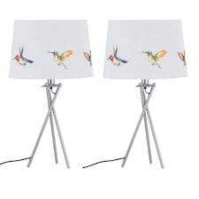 First Choice Lighting Set of 2 Hummingbird Chrome Tripod Table Lamps with Linen Bird Print Shades Chrome | Multi