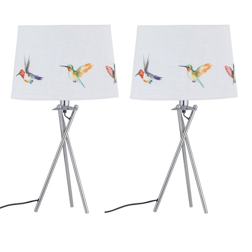 image 1 of First Choice Lighting Set of 2 Hummingbird Chrome Tripod Table Lamps with Linen Bird Print Shades Chrome | Multi