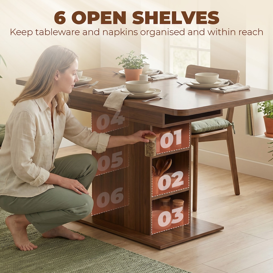 image 1 of HOMCOM Extendable Dining Table for 4-6, Kitchen Table with Shelves
