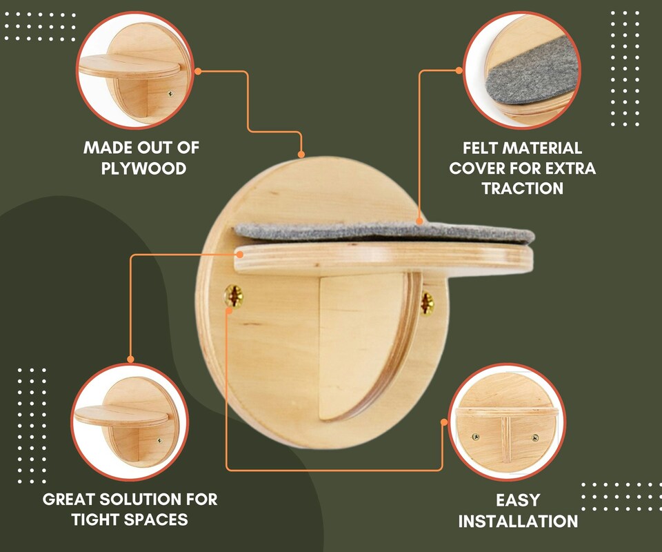 image 1 of NOVECRAFTO Wall-Mounted Cat Steps – Natural Wood Round Climbing Posts – Durable Cat Shelves for Climbing & Perching – Space-Saving Wall Steppers