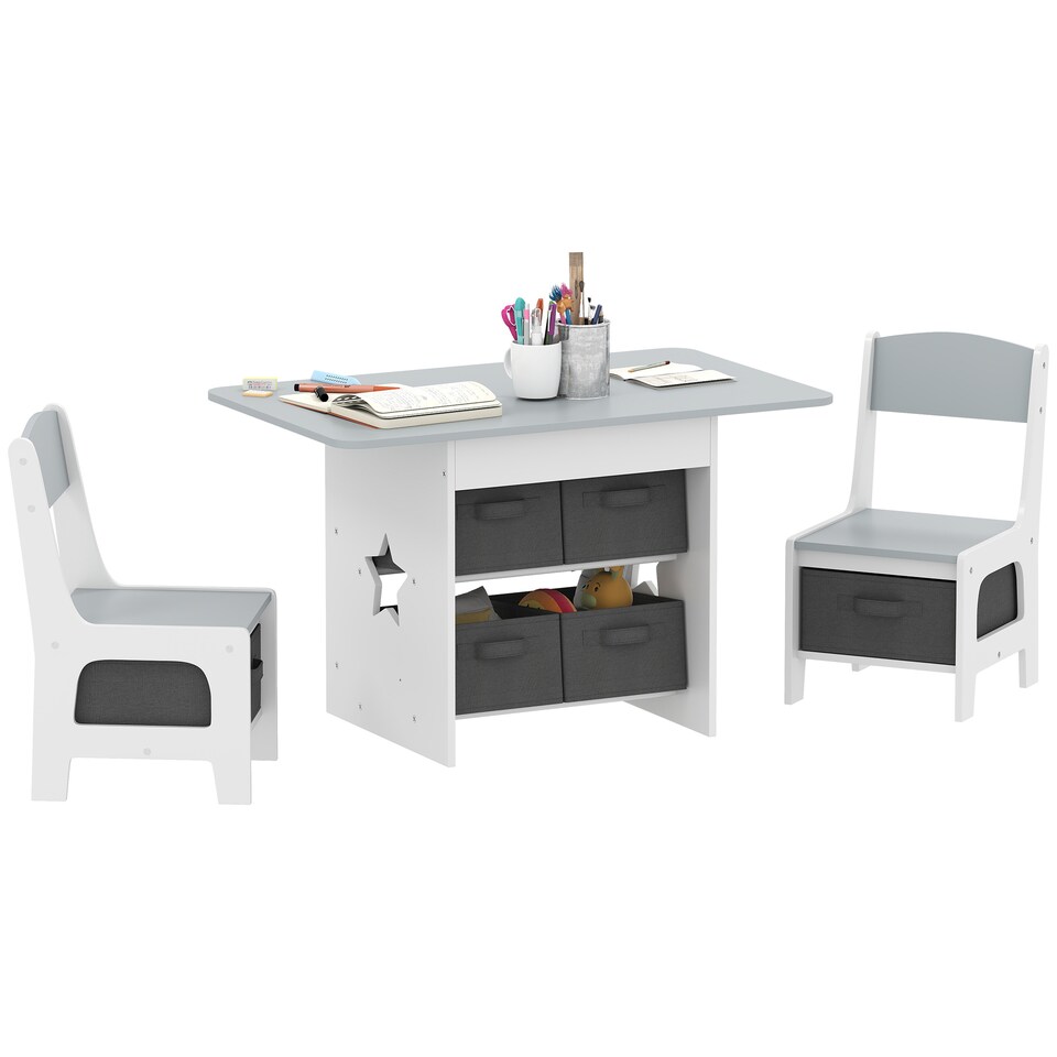 image 1 of AIYAPLAY Kids Table and Chair Set, Toddler Table and 2 Chairs Set with 6 Removable Drawers, for Boys Girls Ages 3-8, for Classroom, Daycares, Homes, Learning, Drawing, Dining, Light Grey