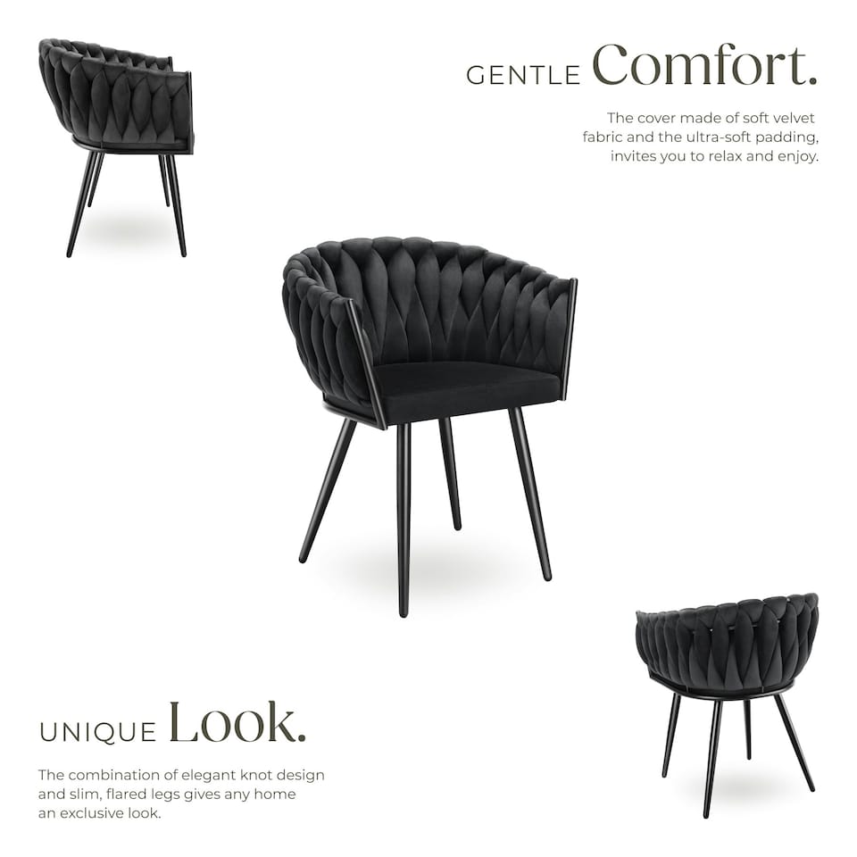 image 1 of Dining Chair Astano - padded, velvet, knot design, continuous backrest - Set of 2 Black
