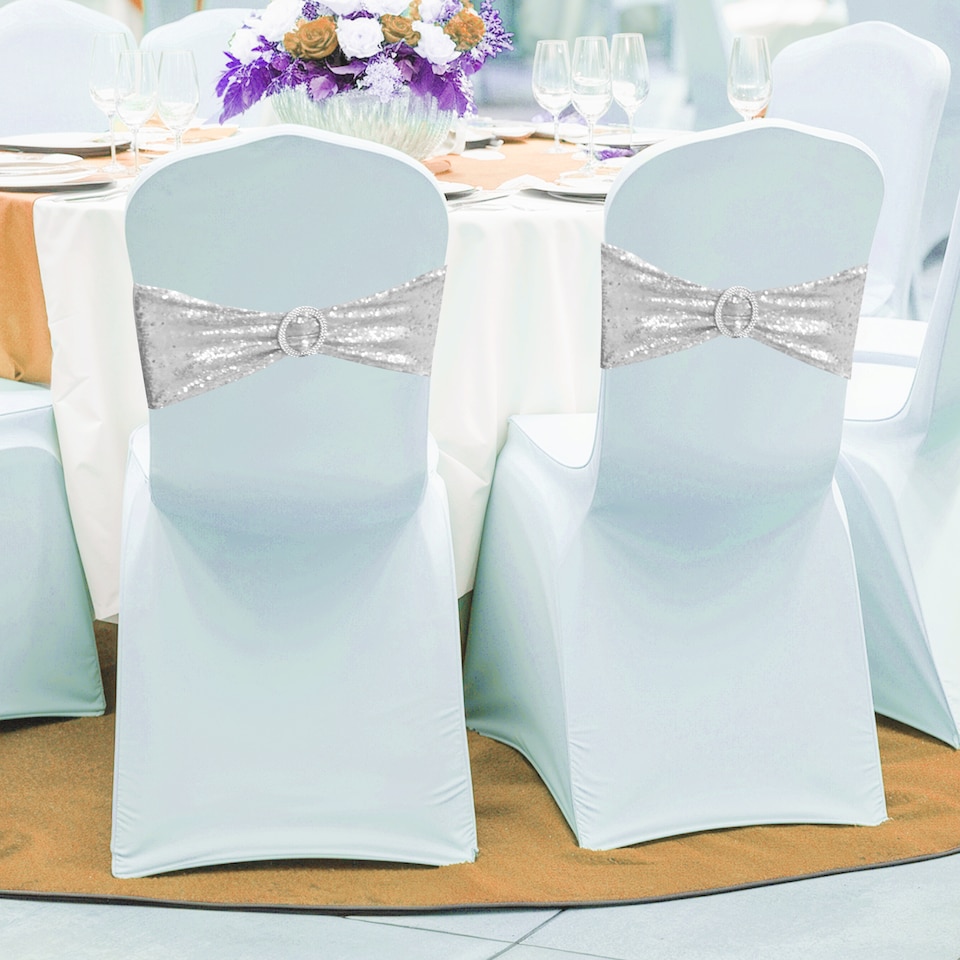 image 1 of Sequin Chair Sashes Stretch Spandex Chair Bands with Silver Buckle - 10pcs