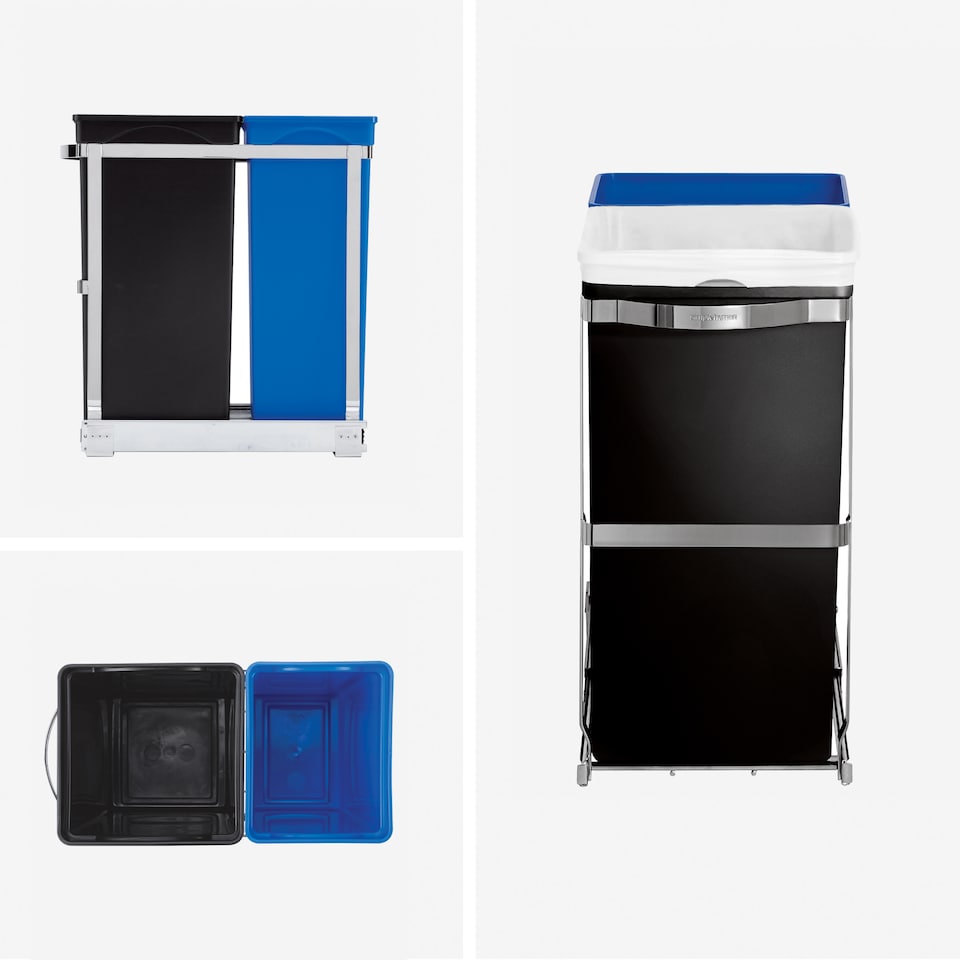 image 1 of Simplehuman 35L Pull-Out Recycling Double Kitchen Cupboard Cabinet Bin, Polished Heavy-Duty Steel Frame