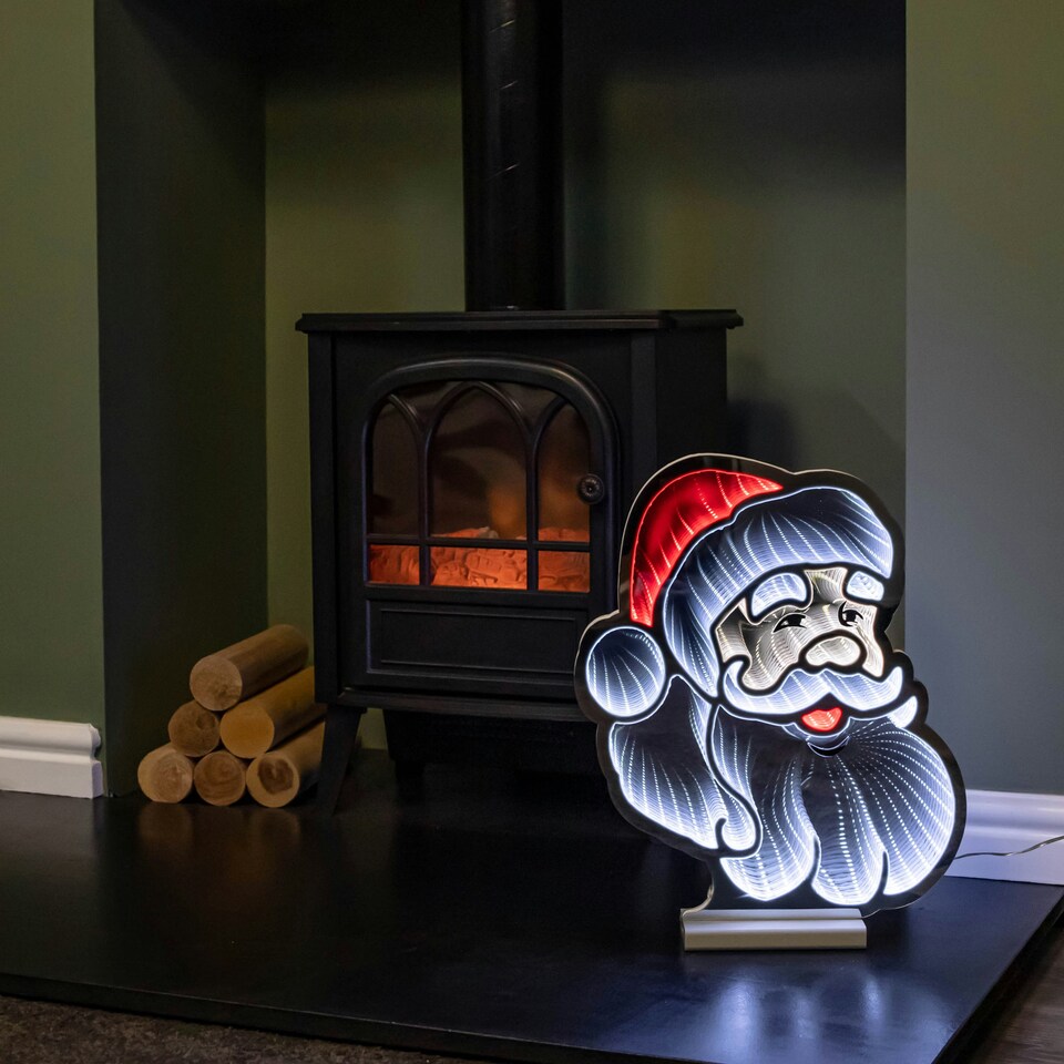 image 1 of 40cm Infinity Santa's Head Christmas Decoration on Wooden Base with Red & White LEDs