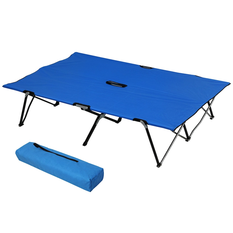 image 1 of Outsunny Double Camping Bed Camping Cot Foldable Sunbed Outdoor Patio Sleeping Bed Super Light with Carry Bag Blue