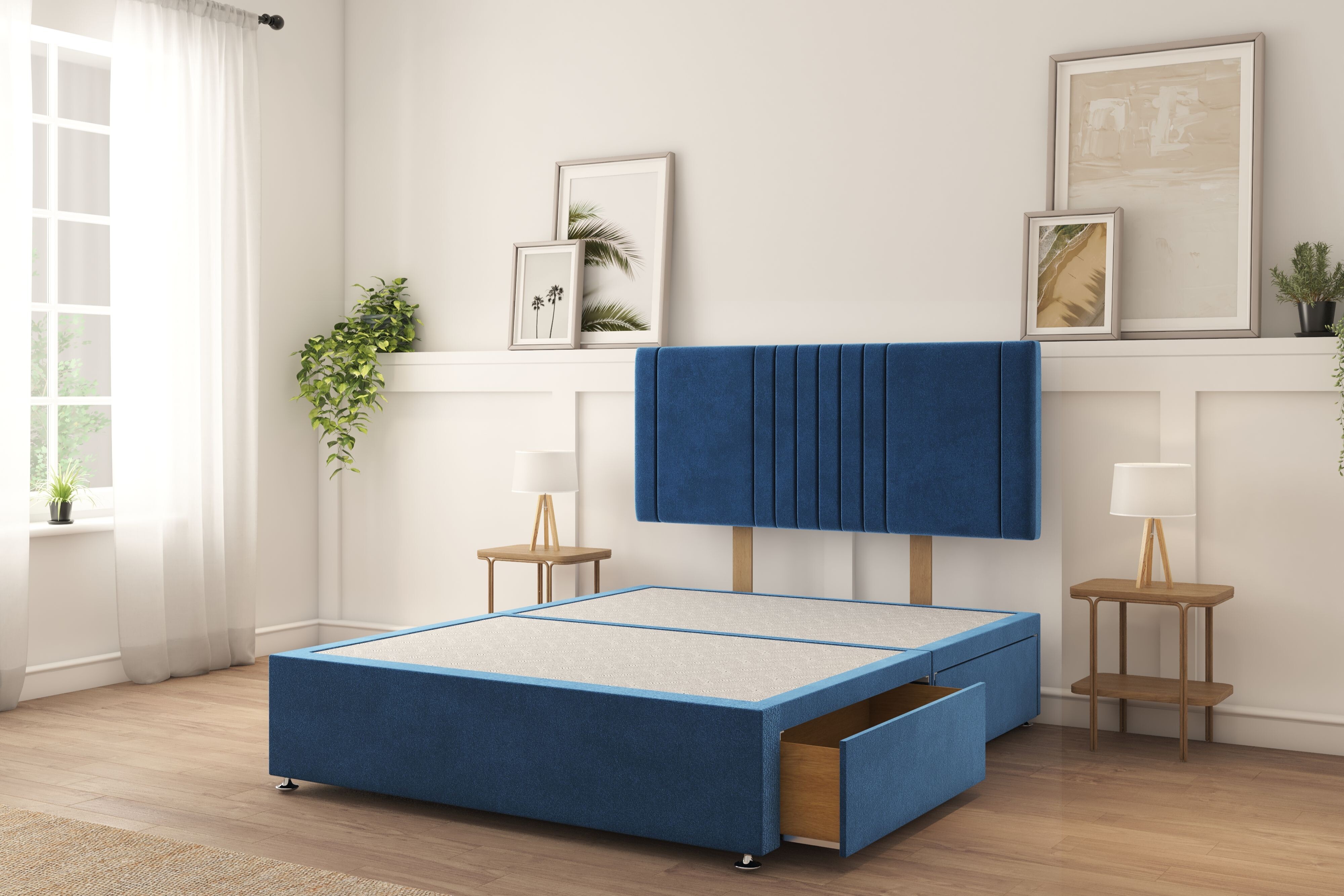 Sloomy Langston Navy Plush Divan Bed Base 2 Drawers Same Side With 26" Strutted Headboard 4'6 Double