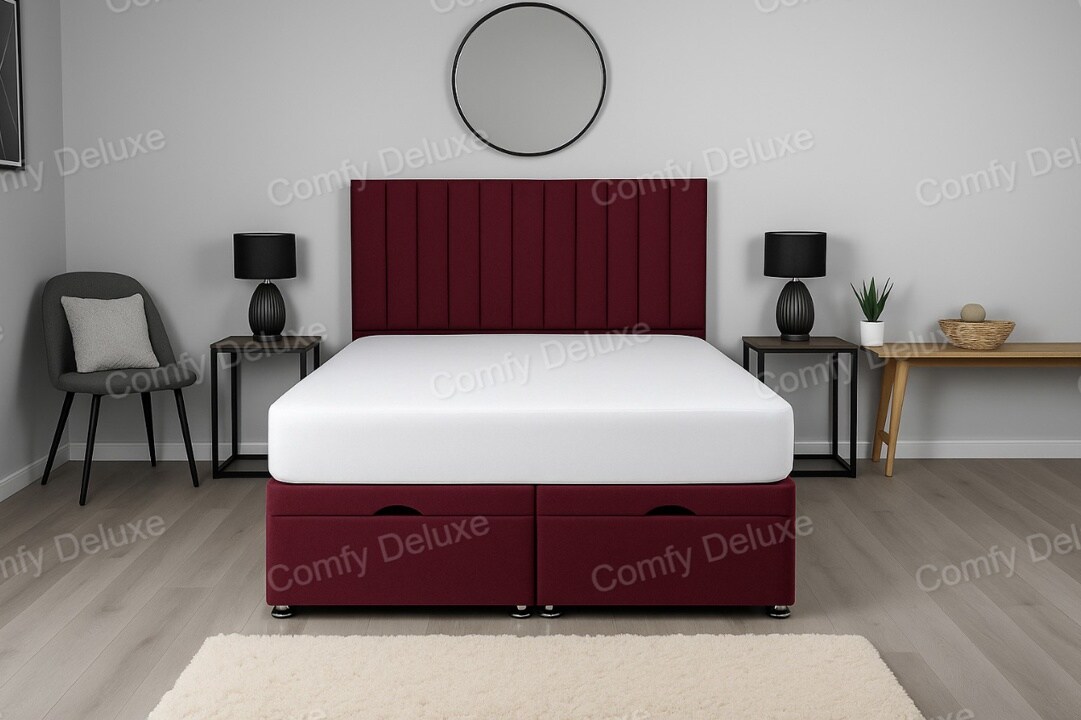Maroon Lined Plush Velvet End Lift Ottoman Divan Bed Set 4ft Small Double with Headboard & Mattress
