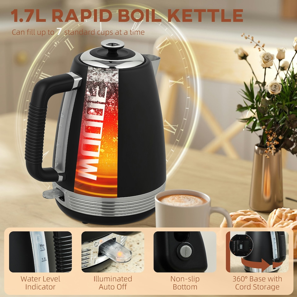 image 1 of HOMCOM 1.7L 3000W Quick Boil Kettle and 4 Slice Toaster Set Crumb Tray Black
