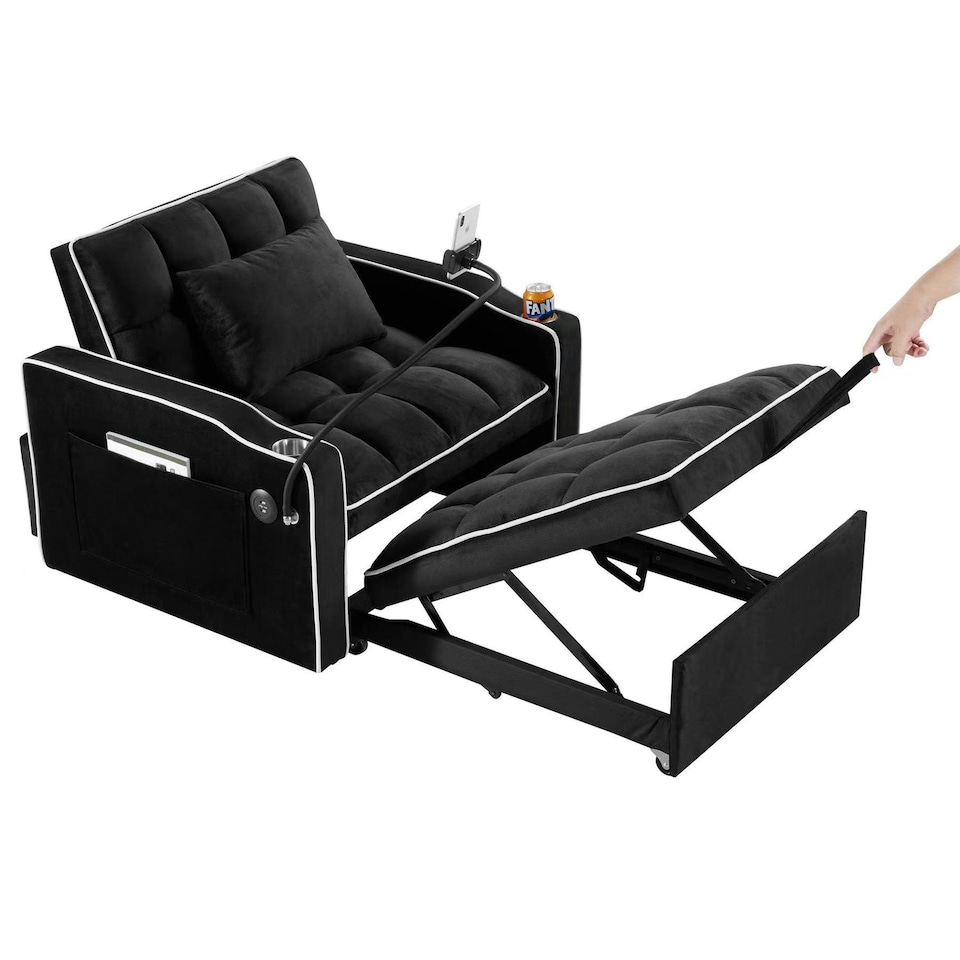 image 1 of 3-in-1 Convertible Sofa Bed Sleeper Chair with Adjustable Backrest, USB Charging & Cup Holder for Small Spaces Grey