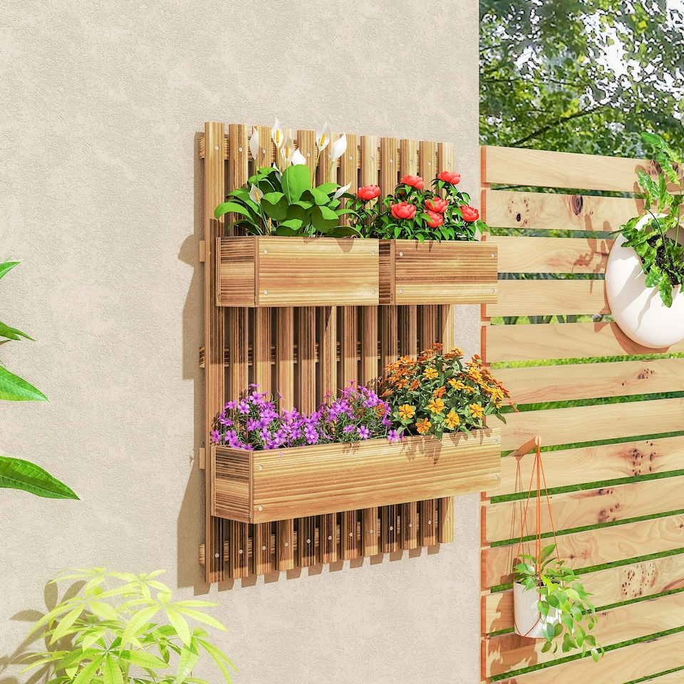 image 1 of Outsunny Wooden Garden Planters with Trellis Wall-mounted Raised Bed
