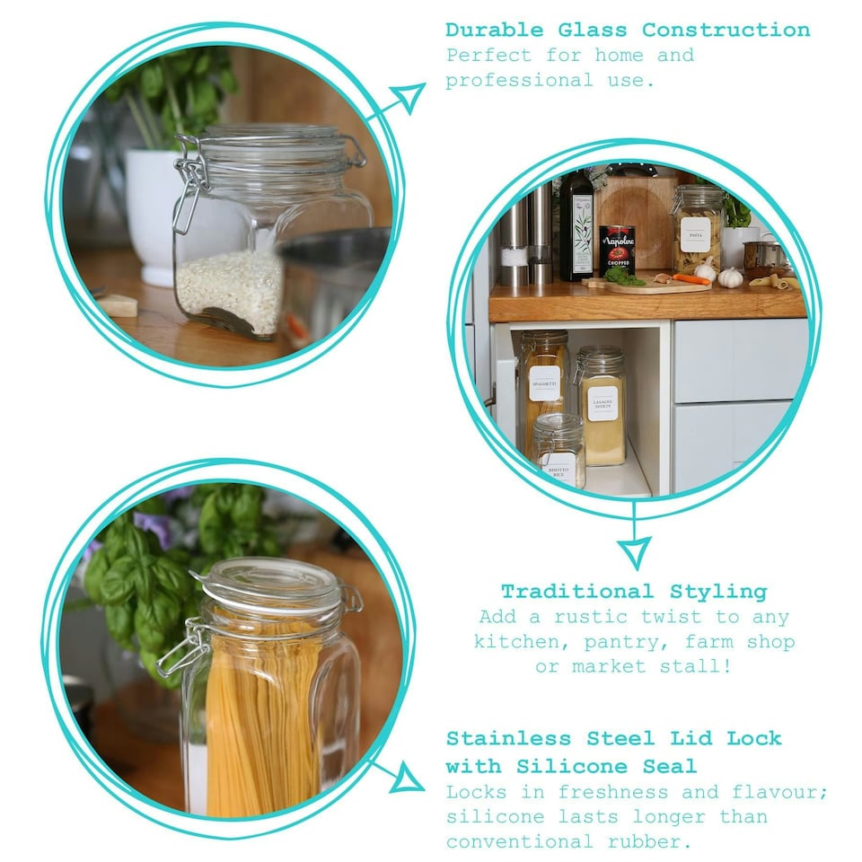 image 1 of Argon Tableware Square Glass Jars with Clip-Top Lids - 1.25L - Pack of 6