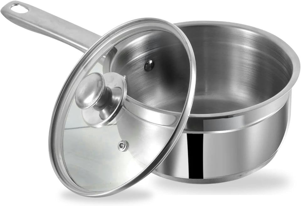image 1 of Vinod Cookware Two Tone Stainless Steel Saucepan with Glass Lid - Steam Vent, Sturdy Handle Induction Bottom (16cm , 1.5 ltr) | Multi