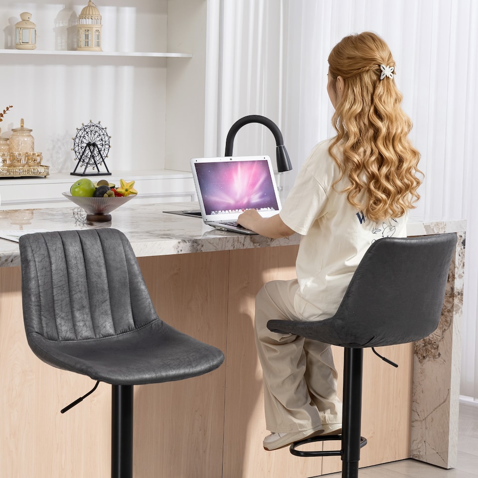 image 1 of HOMCOM Modern Bar Stools Set of 2, Height Adjustable Swivel Bar Chairs with Backrest, Gas Lift and Footrest, Leathaire Barstools for Breakfast Counter, Kitchen Island, Charcoal Grey | Grey | Charcoal grey