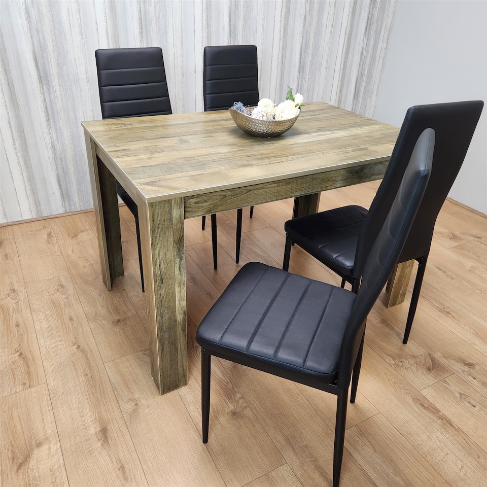 image 1 of Dining Table and 4 Chairs Rustic Effect Wood Table with 4 Black Faux Leather Dining Chairs