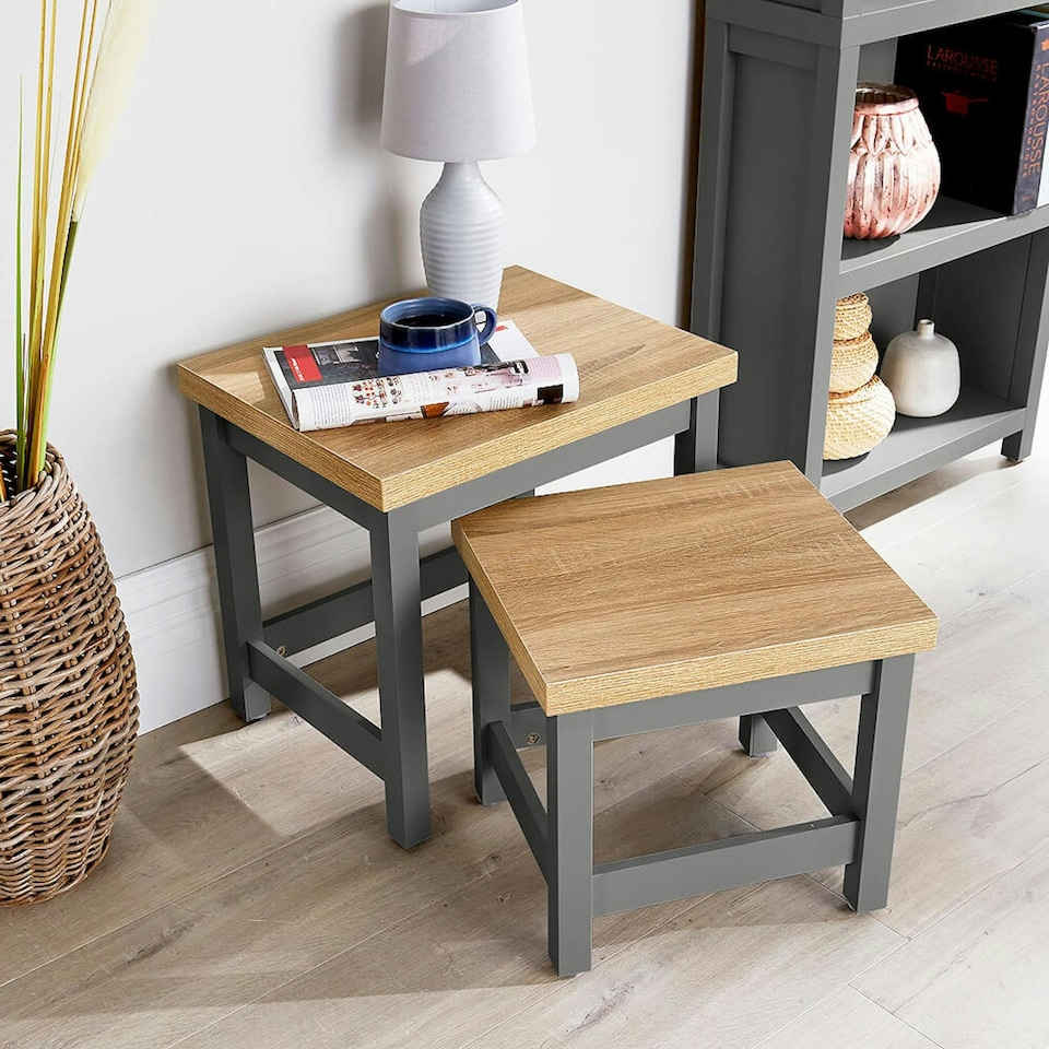 image 1 of Coffee Nest of 2 Tables Occasional Side End Tables Stackable Avon Oak Top