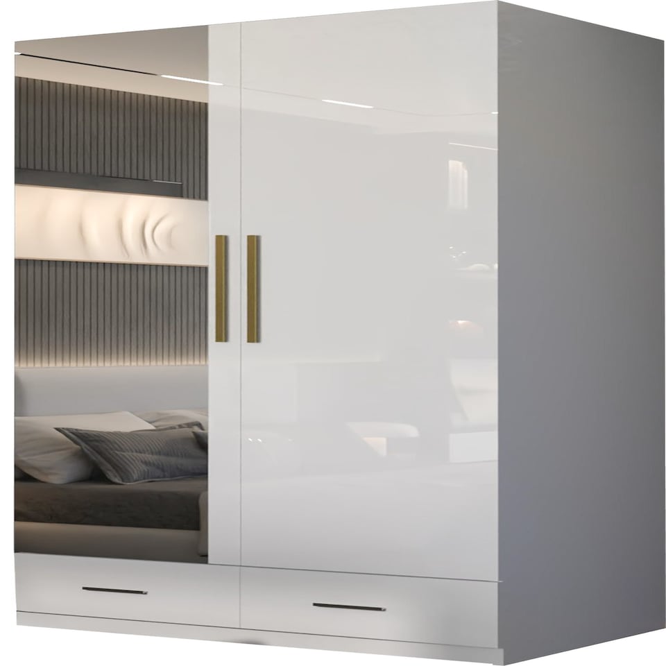 image 1 of Modern 2 Door High Gloss Wardrobe with Mirror, Gold Accent Handles & Storage - 90cm Wide Grey | Grey 90cm