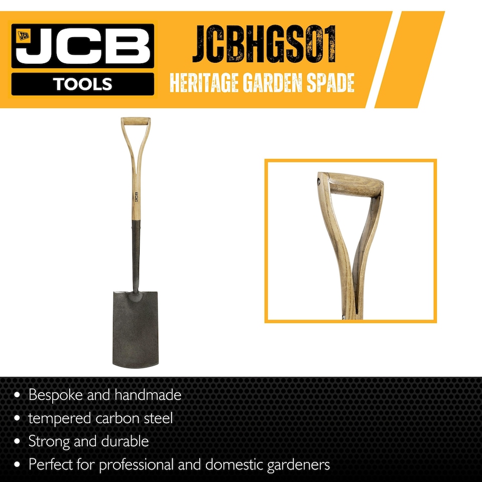 image 1 of JCB 120 x 250mm Heritage Garden Spade, Heavy-Duty Steel Blade, Ash Wood Split YD Handle