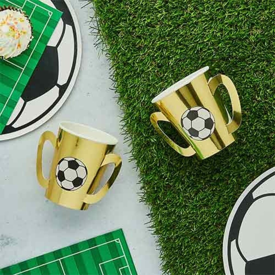 image 1 of Gold Football Trophy Paper Cups 210ml - Pack of 8